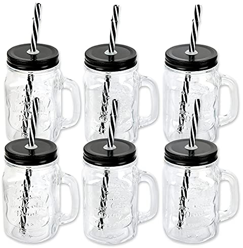 Schramm® 6 Stück Trinkgläser mit Deckel, Henkel und Mehrweg -Strohhalm Trinkhalm wiederverwendbar (iii) in 4 Varianten wählbar Glas Gläser Trinkglas Cocktail Drinking, Farbe:schwarz
