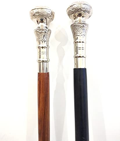 Gehstock aus Holz, handgefertigt, Vintage-Stil, massives Silber, Messinggriff, antiker viktorianischer Gehstock, 2 Stück
