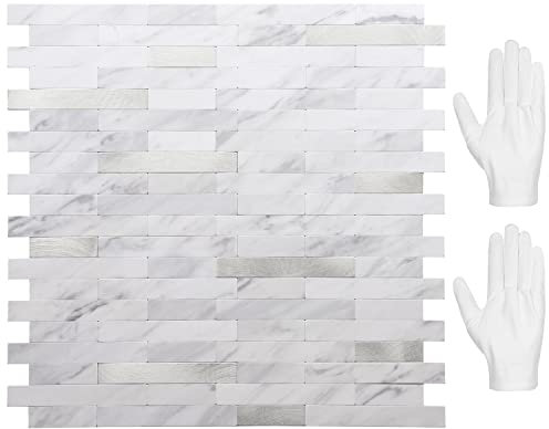 STICKGOO Peel and Stick Backsplash, PVC Wandfliesen Stick on Backsplash for Kitchen (10 Sheets, White Marble with Metal Silber)
