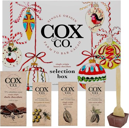 Cox&Co. Christmas Chocolates Gift Set - Luxury Dark Chocolate Selection Box with 4 x Dark Bars + 1 x Hot Chocolate Spoon - Hamper
