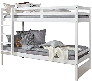 TiCAA Etagenbett, Kinderbett, Stockbett Funktionsbett für Kinder mit Treppe & Zwei Liegeflächen aus Kiefer Massivholz Weiß Bettgestell 90 x 200