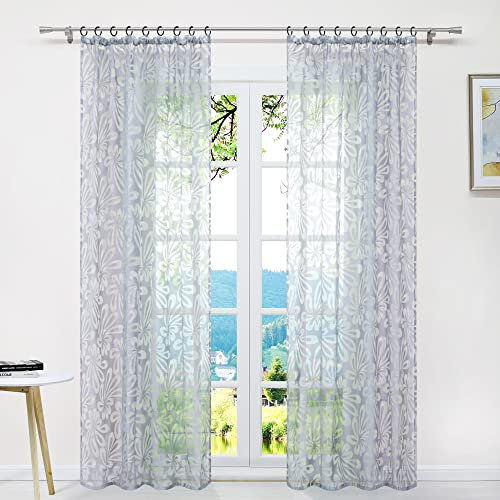 ESLIR Gardinen mit Kräuselband Vorhänge Ausbrenner Fensterschal Transparent Wohnzimmer Blumen Design Grau #2 BxH 140x145cm 1 Stück