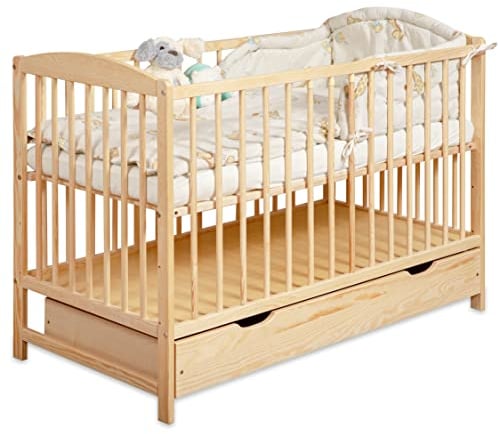 moto-MOLTICO Kinderbett Babybett 60x120 cm – Gitterbett mit Schublade, Höhenverstellbarem Lattenrost und Schlupfsprossen, Umbaubar zum Juniorbett