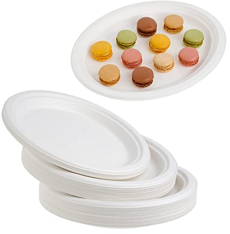 STACKABLES ~ Pack Of 25 Serving Trays ~ Oval Disposable White Sugarcane Bagasse Tray Party Platters For Wedding Catering & Birthday Parties