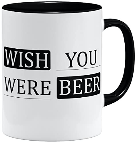 OM3® Wish You were Beer Tasse mit Spruch - Keramik Becher - 11oz 325ml - Beidseitig Bedruckt - Schwarz