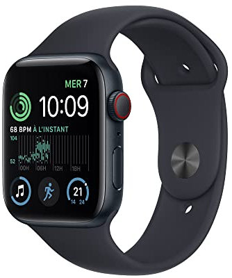 Apple Watch SE (2 génération) (GPS + Cellular, 44mm) Montre connectée, Boîtier en Aluminium Minuit, Bracelet Sport Minuit - Regular. Suivi de la Forme Physique et du Sommeil, détection des Accidents