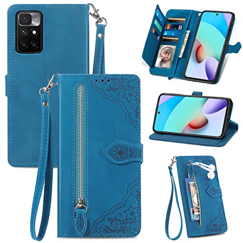 MOJIA Coque Porte Monnaie pour Xiaomi Redmi Note 11S | Note 11 4G, Etui Portefeuille en Cuir PU avec Cover en TPU, Etui Multifonctionnel Porte-Cartes avec Dragonne. Bleu