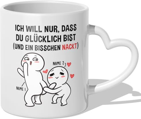 22Feels Jahrestag Geschenk für Sie und Ihn Freundin Tasse Personalisiert Beziehung Freund Mann Frau Ehemann Ehefrau - Glücklich (Herzhenkel Weiss)