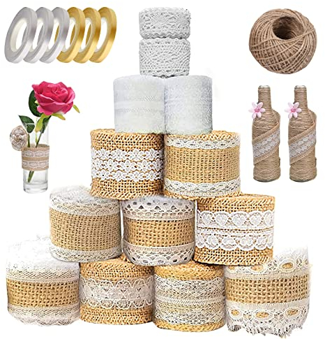 13 Roll Juteband, 9M Juteband mit Spitze+13M Spitzenband weiß Vintag+50M Juteschnur, Juteband Vintage Spitzenband, Natürliche Juteband, Spitze für Geschenkverpackung Tischdeko Hochzeit DIY Basteln