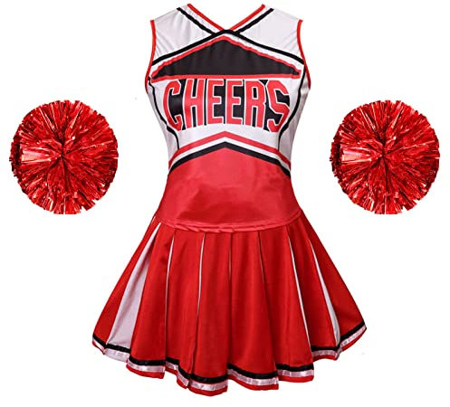 maxToonrain Cheerleader-Kostüm für Damen, Halloween, mit Zugring, Pompons, Highschool-Mädchen-Outfit, Tops und Rock, 2-teiliges Cheerleader-Uniform-Kostüm-Set (klassisches Rot, klein)