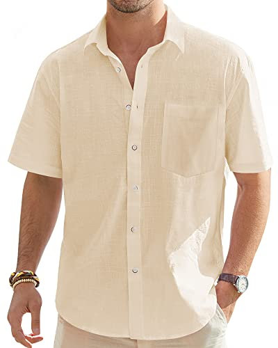 J.VER Mens Short Sleeve Linen Shirts Summer Lightweight Cotton Regular Fit Holiiday Casual Button Down Beach Shirt with Pocket Beige XXL
