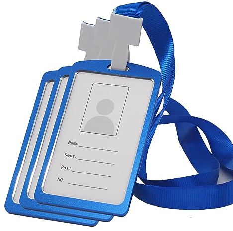 BAWAKO 3er Ausweishüllen Aluminium, ID Kartenhalter mit Umhängeband, Ausweishalter aus robustem Kunststoff, ID Badge Holder (Blau)