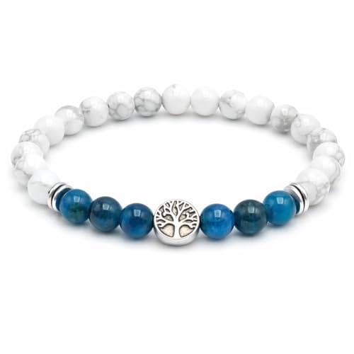 Bracelet Je retrouve la ligne Apatite et Howlite blanche en Pierres Naturelles Qualité AAA avec Arbre de vie | Taille personnalisée de 12 à 22 cm au choix | Perles rondes 6 mm | Création Artisanale
