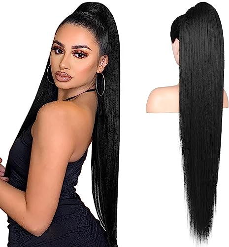 Flufymooz Ponytail Extension Pferdeschwanzverlängerung, 91 cm langer gerader Pferdeschwanz mit Kordelzug, Lockiger Pferdeschwanz Synthetisches Haarteil für Damen(Pechschwarz)