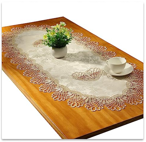 Spitze Oval Tischläufer Gestickte Tischdecke Spitze Deckchen Deckchen Oval Decke Handtuch Für Wohnzimmer Schrank Couchtisch, 50x110cm, Champagner