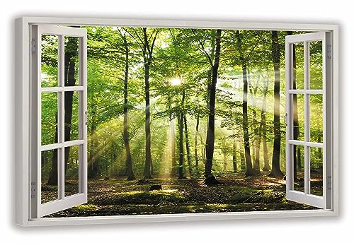 HUBDECO Leinwandbild Fensterblick Waldsonne Bild 100x70 cm - Landschaftsbilder auf Leinwand - Wandbilder Wohnzimmer - Bild Fenster mit Ausblick - Aesthetic Room Decor - Wanddeko Schlafzimmer