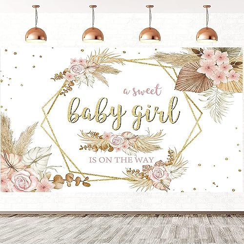 Hnmdmyi 2.1x1.5m Rosa Boho Floral Pampas Grass Fotografie Hintergrund Baby Shower Geburtstag Party Dekorationen Banner Fotostudio Requisiten Vinyl Hintergrund für Babyparty