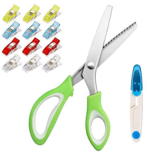 Tijeras Dentadas para Tela, Tijeras Zig Zag Profesionales de Acero Inoxidable, Tijera Costura Zigzag con 1 Cortahílos y 12 Pinzas de Tela para Cortar Telas Costura Sastre