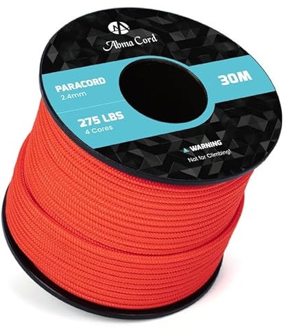 Abma Cord Paracord 275 Nylon Seil 2,4mm 30m Schnur mit 4 Kern für Basteln, Camping, Survival - Max. 125kg (275lbs) - Neon Orange