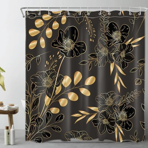 LB Esthétique Floral Rideaux de Douche 180x180cm Fleur Noire et Or Rideaux de Bain avec Crochets, Feuille Abstraite Imperméable Polyester Anti Moule Salle de Bain Décor