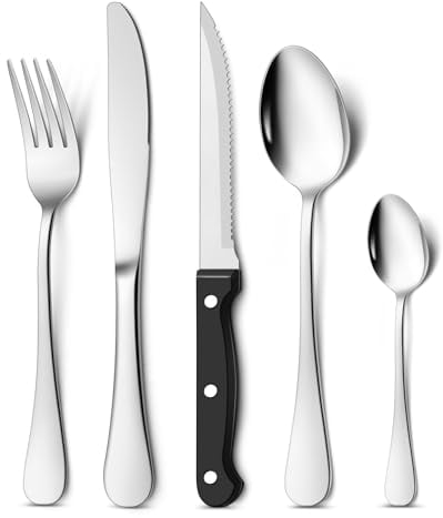 Onader 30 Piece Cutlery Set with Steak Knives, Stainless Steel Flatware Tableware Service for 6, Elegant Knife Fork Spoon Set for Kitchen Christmas Party, Mirror Polished & Dishwasher Safe