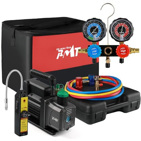 PB Motor Tech BMT PB Motor TECH 4.5CFM 1/3HP Vacuum Pump with 3-Way R1234yf AC Manifold Gauge Set, with Leak Detector, R1234yf Puncture Can Tap, R1234yf Quick Couplers and Other Accessories