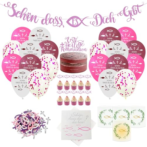 134 Stück Kommunion Deko Kommunion Junge Tischdeko Kommunion Holz Fische Deko Servietten Fisch Rosa luftballons Windlicht Fisch Taufe Mädchen Erstkommunion Tischdeko Taufdeko Konfirmation