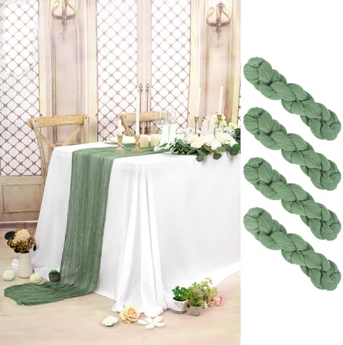 4 Stück Käsetuch Tischläufer Salbeigrün ,90 x 300 cm Rustikaler Gaze Stoff Boho Seihtuch-Tischläufer lang Cheesecloth Tischläufer Hochzeit Tischdecke für Hochzeit, Party, Bankett-Dekoration