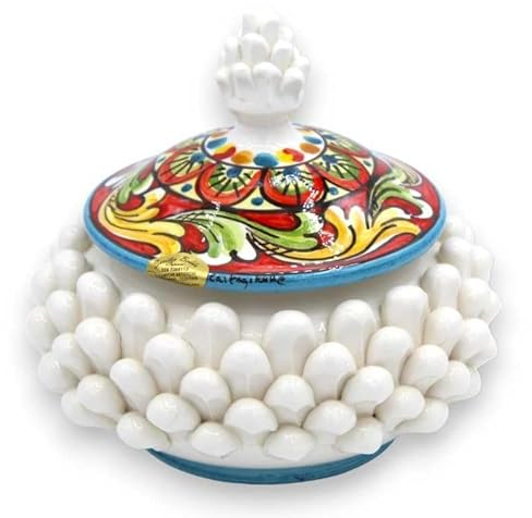 SICILIA BEDDA CAPACI Biscottiera Pigna in Ceramica Caltagirone, con 3 opzioni Misura (1pz) Bianco e Decoro Barocco Multicolore - Misura Piccola
