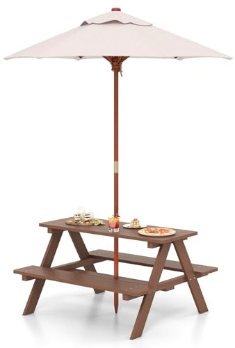 SOARS Kindersitzgruppe Holz, Kindersitzgarnitur mit Sonnenschirm, Kinder Picknicktisch UV Schutz & wasserdicht, Gartentisch & Sitzbank, Kindermöbel Set, Gartenmöbel für draußen