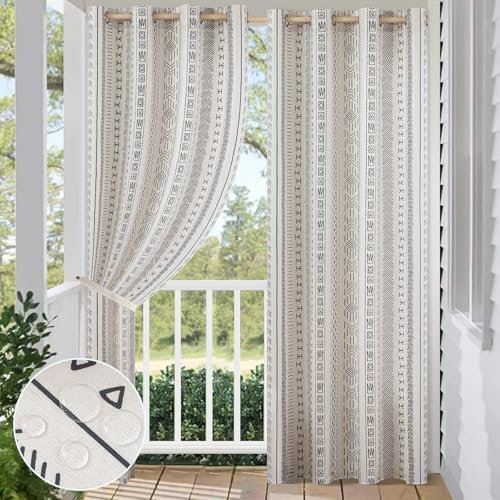 BTTO 2 Panels Outdoor Curtains for Patio Waterproof, Bohemian Pergola Curtains, Blackout Thermal Insulated Grommet Curtain for Gazebo, Porch, Indoor Living Room, Bedroom