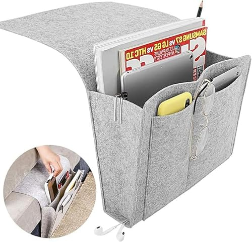 Ruikcoll Nachttisch, rutschfeste Nachttischtasche mit 5 tiefen Taschen zur Aufbewahrung von Büchern, Zeitschriften, Fernbedienungen, iPad, Handy (grau)