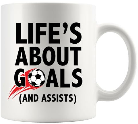 Panvola Life's About Goals and Assists Football Soccer Player Gifts for Son Brother Nephew from Mom Dad Uncle Aunt Coach Gifts Sports Novelty Drinkware Ceramic Mug 11 oz White
