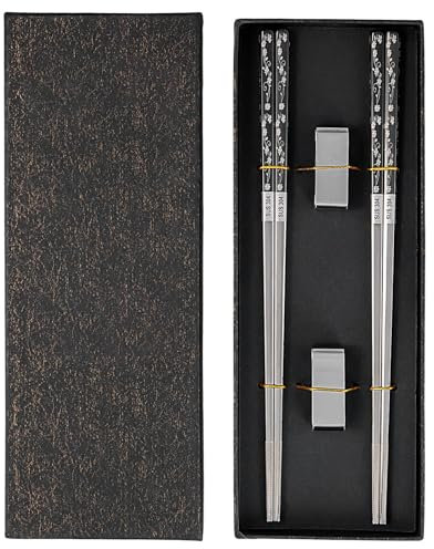 UNGFEI 2 Pairs 23cm Stainless Steel Chopsticks with Holder Stand, Laser Engraved Metal Chopstick, Anti-Slip Silver Chopsticks for Dining or Festival Gift, Korean Japanese Chinese Chopstick