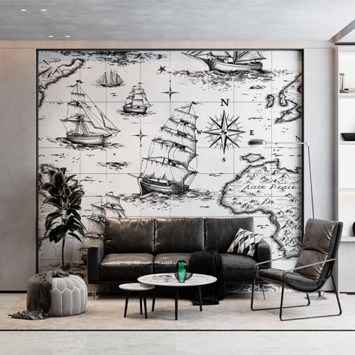 Murals Photo Wallpaper Retro World Map Sailboat Wallpaper, 3D Children's Room Gray Mural Wall Art Poster Picture, Boy Girl Bedroom Gift Decoration Wall Sticke 200 x 140 cm (WxH) Murals