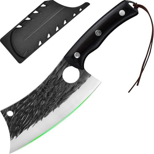 FULLHI Coltello da macellaio con fodero, coltello da cuoco serbo Tang, coltello da verdure con mannaia in acciaio al carbonio per esterno, campeggio (nero, 28,6cm)