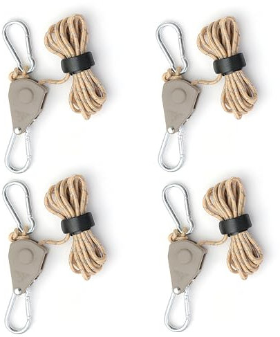 4 Stück Verstellbarer Seil Ratsche, Abspannseile mit Seilspanner, Alluring Ratchet Hanger, Reflektierend Leichte Abspannleine Zeltschnur mit Haken für Campingzelte, Markisen (Braun, 4mm*2M)