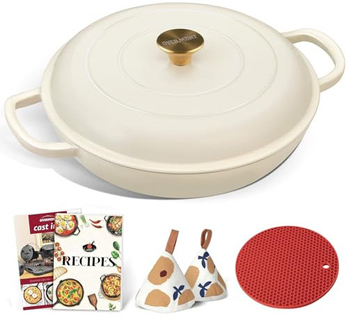 Overmont White Shallow Cast Iron Casserole With Lid Cookbook & Cotton Potholders – Non Stick Dutch Oven Pot, Oven Safe up to 500° F – Cookware – Enamelled Cooking Pot – 30cm