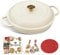 Overmont White Shallow Cast Iron Casserole With Lid Cookbook & Cotton Potholders – Non Stick Dutch Oven Pot, Oven Safe up to 500° F – Cookware – Enamelled Cooking Pot – 30cm