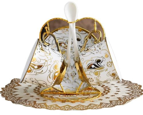 Luxuriöses Keramik-Kaffeetassen-Set mit Goldrand, europäisches kreatives Teeservice mit Untertasse und Löffel, englische Kaffeetasse und Tellerhalter (Goldene Blume 2 Tassen Untertasse)