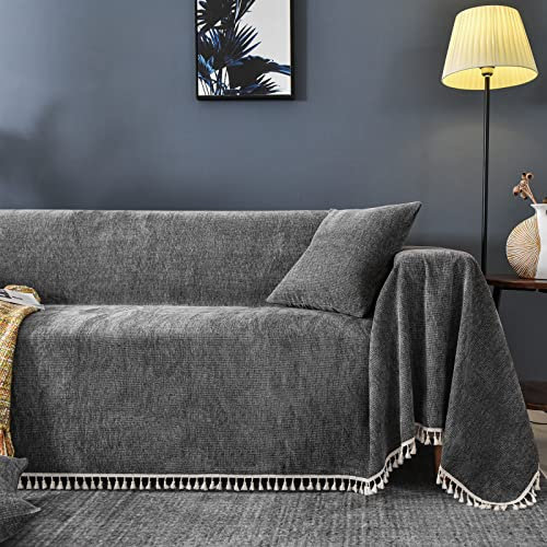 Verdickter Chenille-Sofa-Überwurf, Anti-Kratz-Sofabezug, 1-Sitzer, Ecksofa-Schutz, Wohnzimmer-Dekoration, Decke, Dunkelgrau (180 x 150 cm)