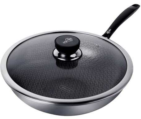 NYORD Wokpfanne - Antihaft, Kratzfest, Edelstahl Wabenstruktur, Spülmaschinenfest, Hybrid Wok, Keramik Beschichtung, PTFE & PFOA frei, Ofenfest, für Induktion, Gas & Ceran, mit Deckel - 30 cm