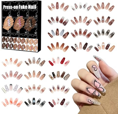 Adventskalender 2024, 24 Tage Weihnachten Countdown Kalender, Weihnachten Wiederverwendbare Press On Nails, French Tip, Kiss Nails, künstliche Nägel, kurze Klebenägel für Frauen Teen Girls(B)