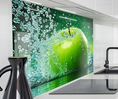 timalo Herd Spritzschutz Wand Spüle, Küche Küchenrückwand Glasoptik | Acryl Glas 2mm | Glasrückwand Acrylglas Küchenpaneele Rückwandschutz Platte | 60x52cm Grüner Apfel im Wasser