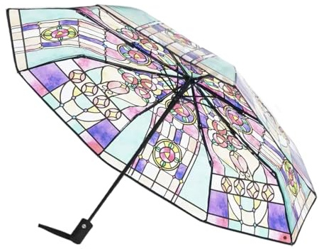 Walopola Vintage Buntglas Automatik Regenschirm Handbemalt Transparent Sonnenschirm