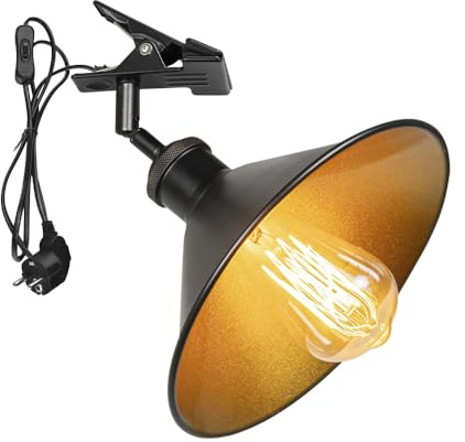 FSLiving Verstellbare Klemmlampe mit E27-Fassung,1 Packung Leselampe mit 1,8 m Kabel, Dimmbar Nachttischlampe,Schreibtischlampe für Heimgebrauch Büro - 22 * 8cm Schwarz Lampenschirm- TD0603