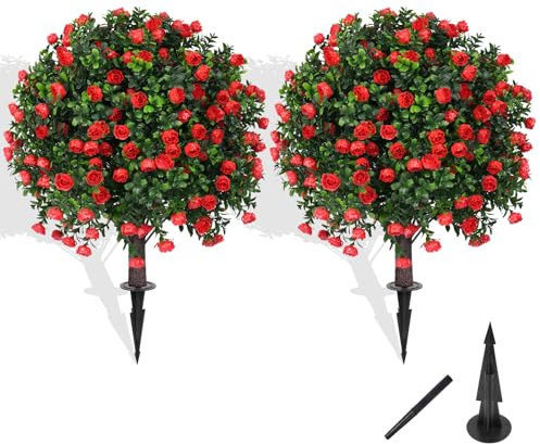 Grooy Árbol topiario artificial de boj con rosa, juego de 2 arbustos artificiales con estaca para el suelo, árbol de hoja perenne falso para porche, plantas artificiales para macetas al aire libre