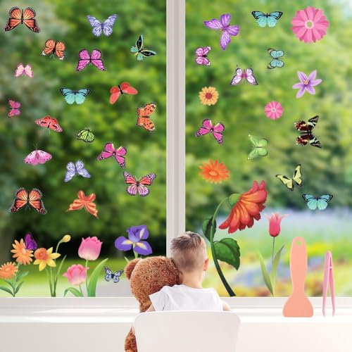 AMFUN 9 piezas Pegatinas de Ventana de Primavera, Pegatina de Prisma para Ventanas, protección para Aves con Pegatinaing Anti-colisión para Habitación y Oficina(Mariposa)