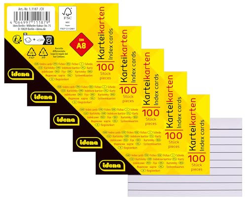 Idena 90280 - Karteikarten DIN A8, 500 Stück liniert, Lernkarten aus 180 g/m² FSC-Mix Papier in Weiß, für Schule und Büro
