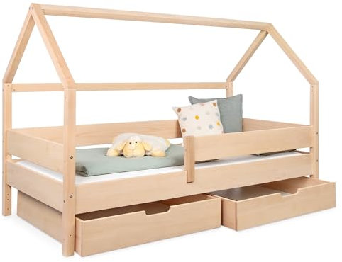 Ehrenkind® Hausbett Buche Nova | Hochwertiges Buchenholz | Kinderbett mit Rausfallschutz | höhenverstellbar Massivholz inkl. Lattenrost | Kinder Bett | Hausbett 200x90 | Natur mit Doppelschublade